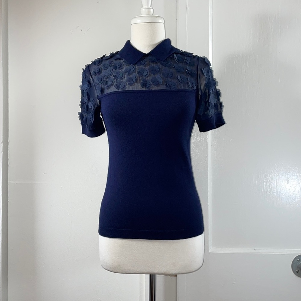 Draper James Navy Floral Appliqué Collared Sweater